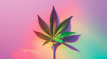 Cannabis indica leaf illuminated by a kaleidoscopic rainbow reflection. 4:20 day, cannabis liberalization and legalization concept. Growing medical marijuana.
