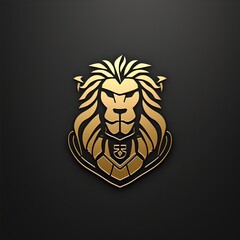 A luxury gold lion head logo seamlessly integrating a defense concept, designed to convey a profound sense of sturdiness, strength, elegance, modernity, luxury, and boldness for the company