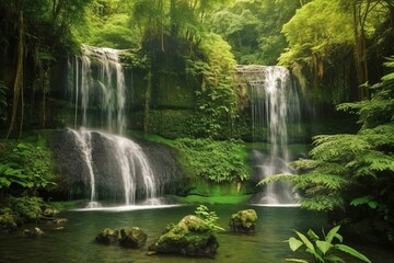 Fototapeta na wymiar Two cascading waterfalls surrounded by lush greenery. Generative AI