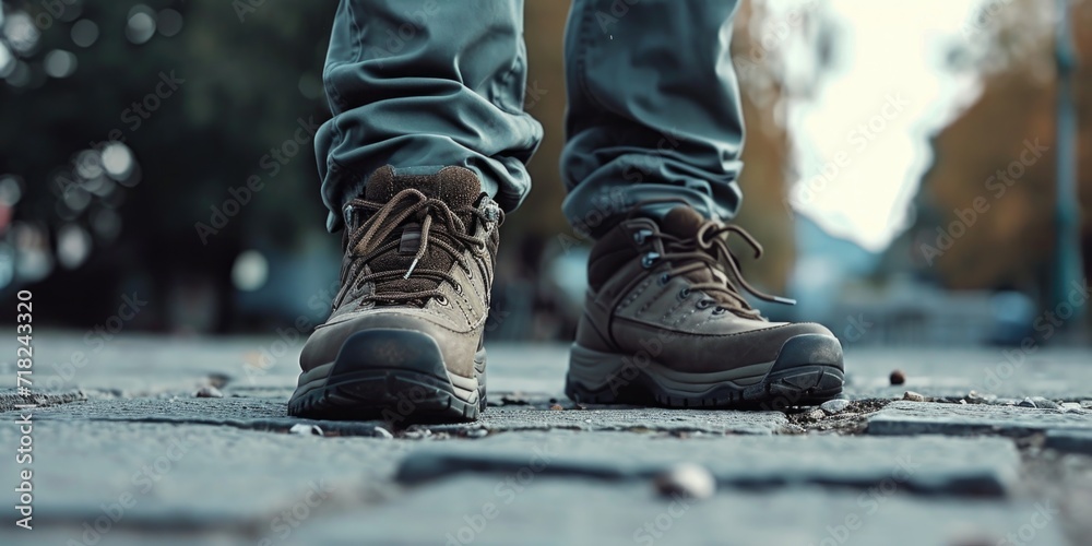 Poster a close up view of a person's shoes on a street. suitable for various uses