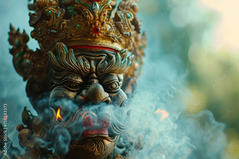 Poster a close up of a statue with smoke emanating from it. this image can be used to depict mystery, magic