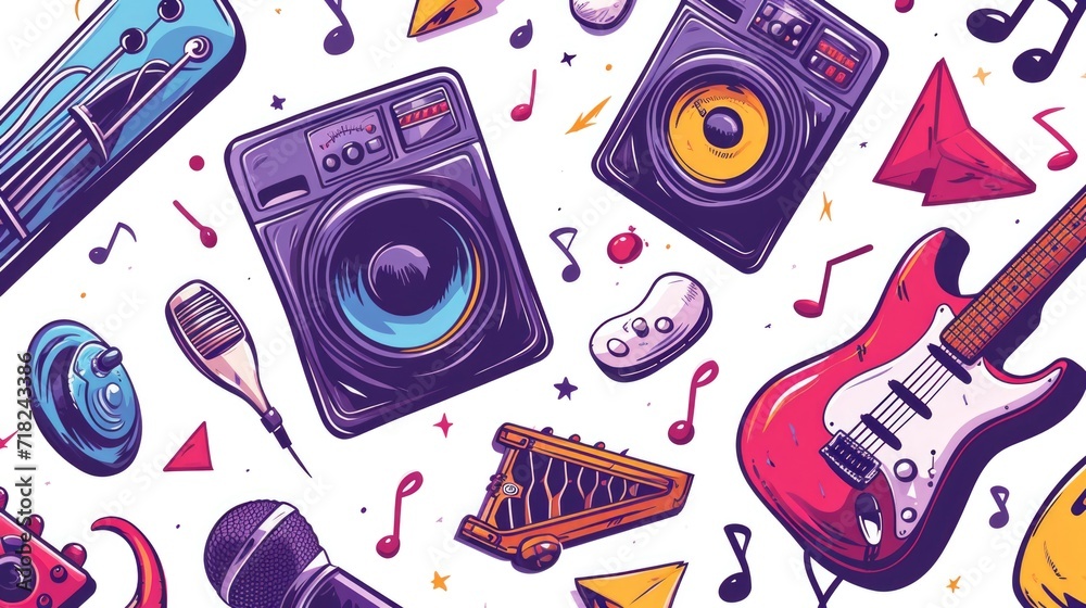 Poster a collection of various musical instruments and a speaker. ideal for music events, concerts, or musi
