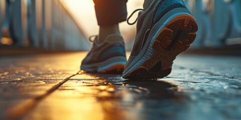 Person's shoes seen in close-up on a sidewalk. Suitable for urban lifestyle or street photography