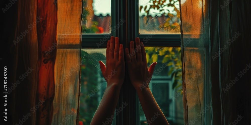 Poster A person standing in front of a window with their hands on the window sill. Suitable for various themes and concepts