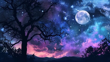 Fototapeta na wymiar Night Sky with Moon in the Style of Romantic Scenes