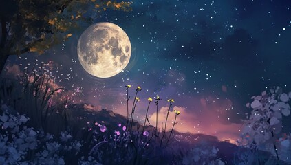 Fototapeta na wymiar Night Sky with Moon in the Style of Romantic Scenes