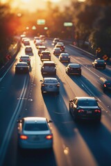 A bustling highway with a stream of cars driving down it. Perfect for illustrating traffic congestion and urban transportation.