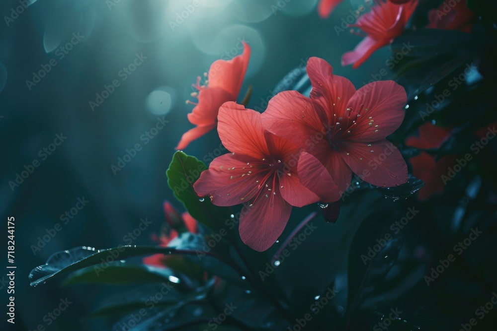 Poster A vibrant bunch of red flowers with sparkling water droplets. Perfect for adding a pop of color to any design or showcasing the beauty of nature.