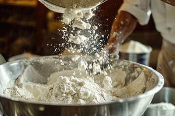 A person pouring flour into a metal bowl. Perfect for baking and cooking projects