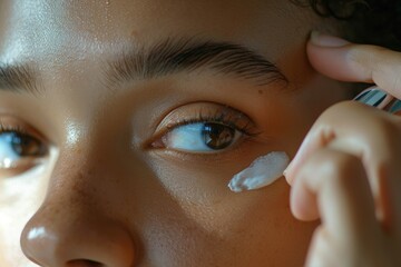 A close-up view of someone applying cream to their eye. This image can be used to depict skincare routines or to illustrate the use of eye creams for reducing puffiness and dark circles - obrazy, fototapety, plakaty
