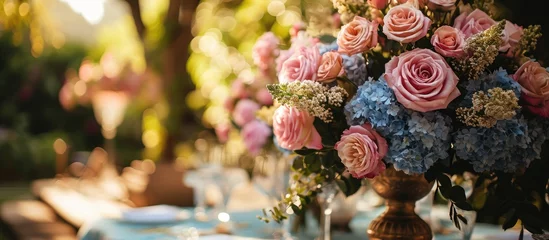 Fototapeten In the corner of the romantic garden, a mesmerizing decoration awaited, boasting an exquisite bouquet of pink roses and delicate hydrangea flowers. © Sona