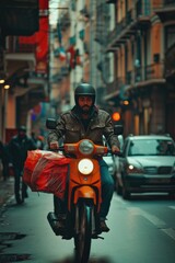A man riding a motorcycle down a city street. Suitable for use in advertisements, brochures, and websites related to motorcycles, transportation, and urban lifestyle