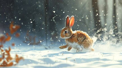 Brown Rabbit Running Alone Through Snowy Forest AI Generated AI Generated