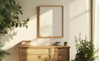 Blank wooden poster frame mock up template, room interior in fusion style, white walls on background, wooden dresser and many green plants. Ray of sun