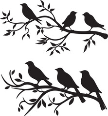 Set of Bird on Tree branch black silhouette white background