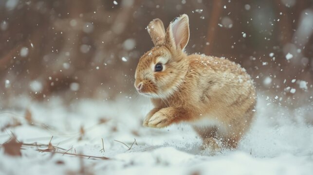 Brown Rabbit Running Alone Through Snowy Forest AI Generated