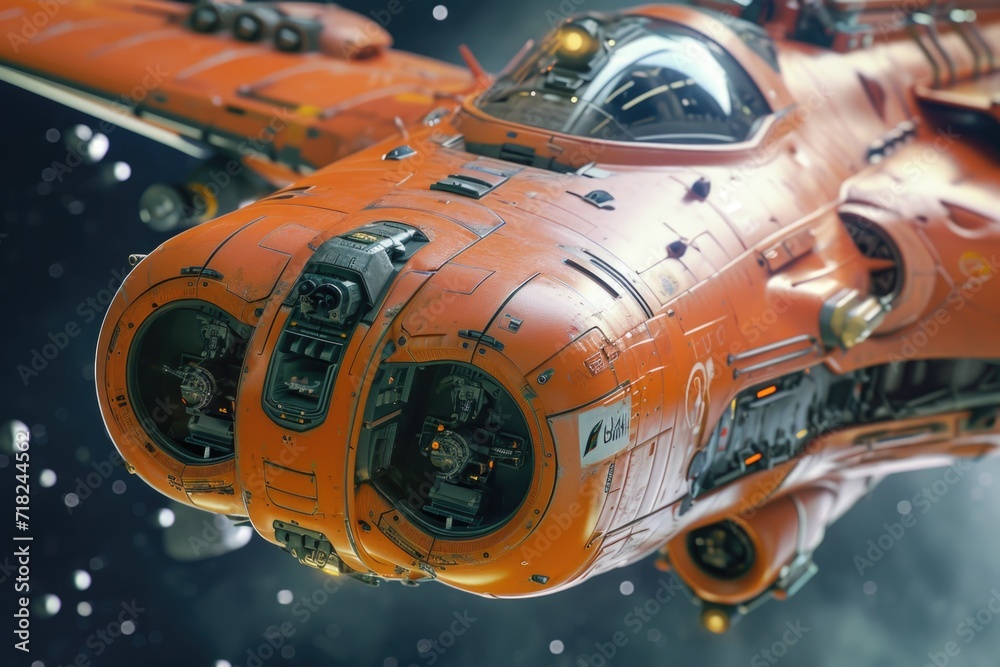 Poster a detailed view of a space ship flying in the sky. perfect for science fiction enthusiasts and futur