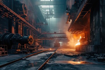 A factory filled with lots of steel located next to a train track. This image can be used to depict industrialization, transportation, or manufacturing processes
