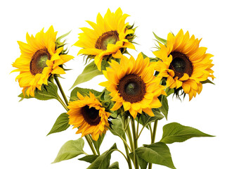 Bright yellow sunflowers in full bloom, cut out