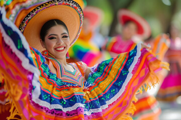 A vibrant street parade with traditional Mexican dancers and musicians, showcasing the lively...