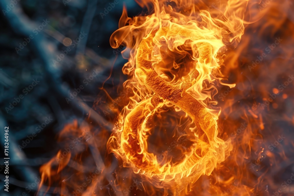 Poster a striking image of the number eight engulfed in flames in the middle of a vast field. perfect for i