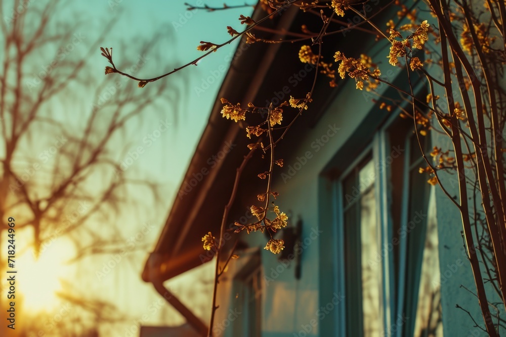 Poster The sun is setting behind a house with a tree in the foreground. Perfect for showcasing the beauty of nature and capturing the tranquility of a peaceful evening