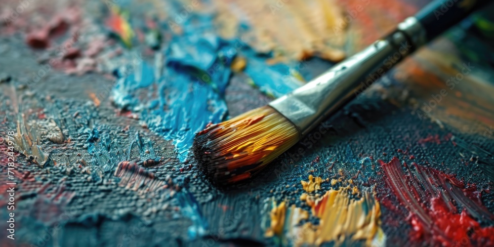 Poster Close-up view of a paintbrush resting on a paint palette. Ideal for artistic projects and creative concepts