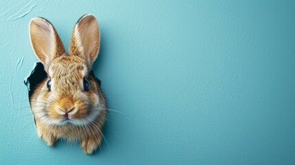Curious Rabbit Peeking Out of Blue Wall AI Generated