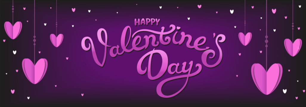 Vector Hanging hearts with text by Valentine day. Black violet background in flat style. For design
