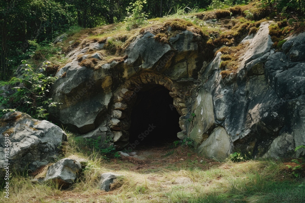 Poster a cave nestled in the midst of a dense forest. perfect for adventure and exploration-themed projects
