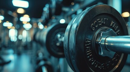 A close up view of a barbell in a gym. This image can be used to showcase fitness equipment or to...