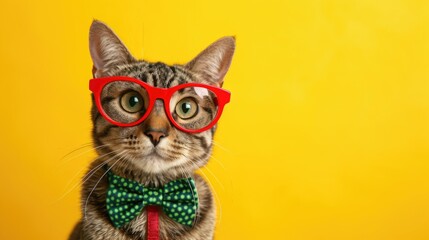 A cat wearing red glasses and a bow tie. Suitable for pet fashion or humorous designs