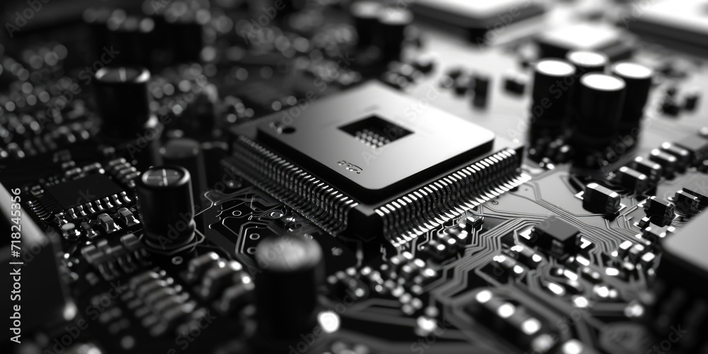 Poster a detailed close-up view of a computer motherboard. suitable for technology-related designs and illu