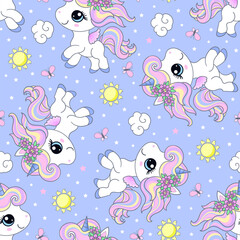 Seamless pattern with cute unicorns, butterflies and sun on a blue background. For children's fabric design, wallpaper, backgrounds, wrapping paper, scrapbooking, etc. Vector