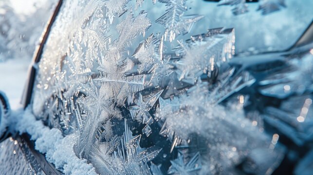 A close up view of a car completely covered in ice. This image can be used to depict extreme weather conditions or to illustrate the challenges of winter driving