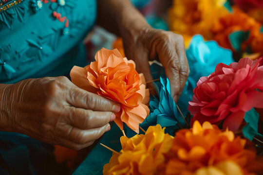 Close-up of hands crafting traditional Mexican paper flowers, symbolizing the artistic expressions and care and love, faith and traditions, family values associated with Cinco de M