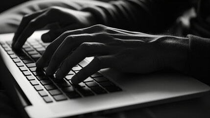 A person focusedly working on a laptop computer, typing on the keyboard.