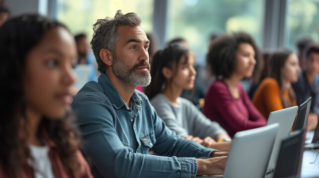 Ein &auml;lterer Mann sitzt in einem Meeting oder Schulung oder ist bei einer Fortbildung