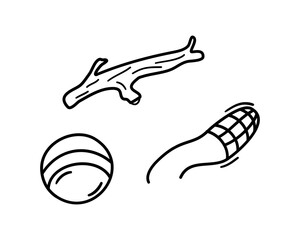 Doodle pet set. Dog accessories for walking. Vector icons