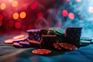 Poker chips and cards on dark background with smoke and neon lights. Casino concept. Selective focus. Casino concept with copy space. Online casino. Gambling concept with copy space.