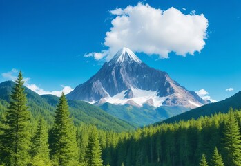 Obraz premium Mountain covered by forest and a blue sky