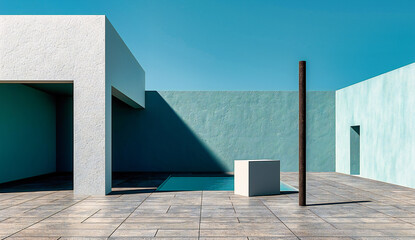 Modern Architecture with Blue Sky, Concrete Structures, Empty Urban Building, Abstract Light and Shadows