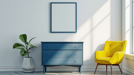 Blank black poster frame mock up template, room interior in minimalistic style, white walls on background, blue dresser, yellow armchair and small green plant. Play of light and shadows