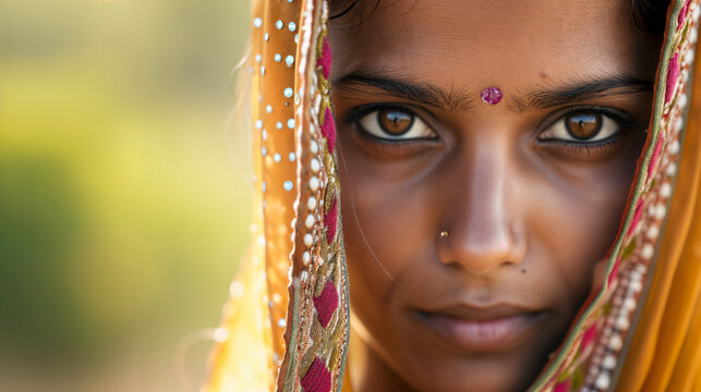 Close-up of young Indian woman in traditional attire and bindi on her forehead.