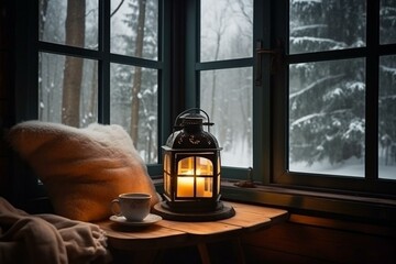 Cozy winter interior, lantern, candle, tea, sofa, window, snowy forest landscape. Generative AI