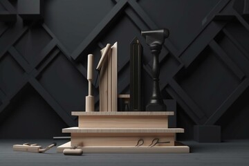 Abstract podium with carpenter's tools on monochrome background. Generative AI