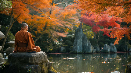 Serene autumn scene in Japanese garden with Buddhist monk sitting in meditation near traditional Japanese temple. Leaves on the trees in vibrant shades of orange and red.