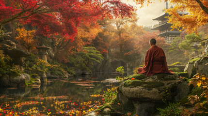 Serene autumn scene in Japanese garden with Buddhist monk sitting in meditation near traditional Japanese temple. Leaves on the trees in vibrant shades of orange and red. - obrazy, fototapety, plakaty