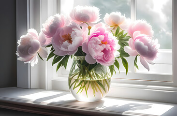 Illustration of a bouquet of lush pink peonies in a transparent glass vase stands on the windowsill. The sun's rays shine through the window.