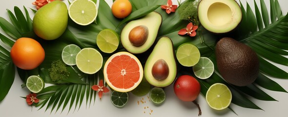 Fresh fruit avocado, grapefruit, lemon, lime, palm leaves, concept of exotic fruit and sea, healthy...